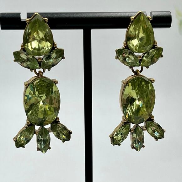 J. Crew Faceted Glass Green Crystal Rhinestone Statement Dangle Earrings - Picture 1 of 9